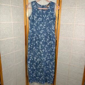 VTG Studio Ease 90s Floral Denim Maxi Dress Blue Cotton Button Back Size 6